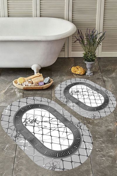 YTR HOME Αντιολισθητική βάση, πλενόμενη σκόνη, ανθεκτική σε λεκέδες, σετ 2 τεμαχίων, οβάλ χαλάκι μπάνιου