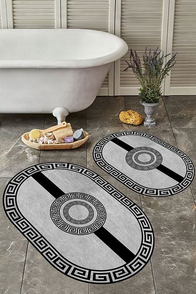 YTR HOME Αντιολισθητική βάση, πλενόμενη σκόνη, ανθεκτική σε λεκέδες, σετ 2 τεμαχίων, οβάλ χαλάκι μπάνιου