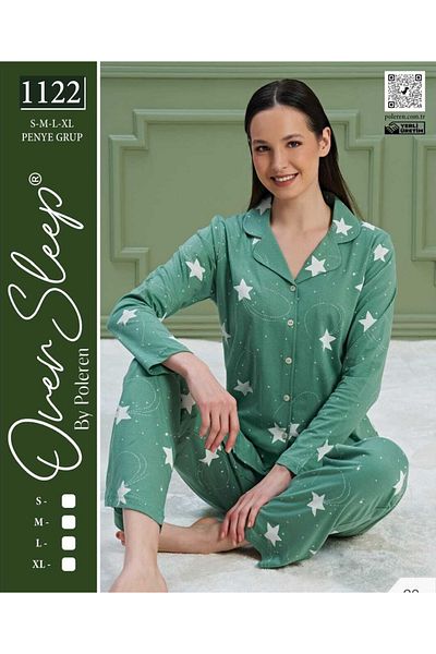 Over Sleep by Poleren Set de pijamale pentru femei cu mânecă lungă, guler de cămașă de culoare verde