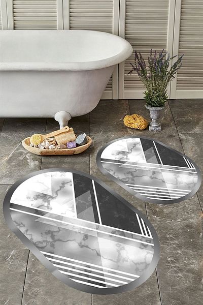 YTR HOME Αντιολισθητική βάση, πλενόμενη σκόνη, ανθεκτική σε λεκέδες, σετ 2 τεμαχίων, οβάλ χαλάκι μπάνιου