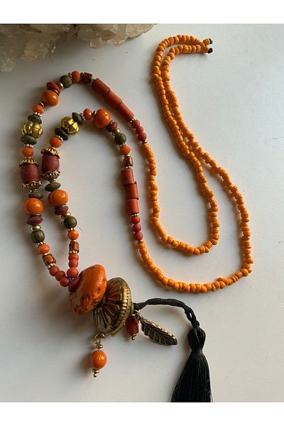 azra takı tasarım Orange and Yellow Colored Long Lava Stone Authentic Women's Necklace