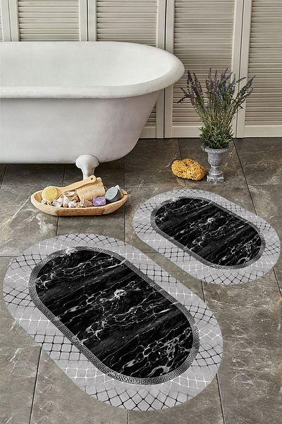 YTR HOME Αντιολισθητική βάση, πλενόμενη σκόνη, ανθεκτική σε λεκέδες, σετ 2 τεμαχίων, οβάλ χαλάκι μπάνιου