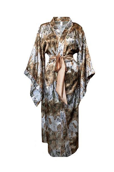 Mita Concept Brown Crocodile Patterned Satin Bat Wing Kimono