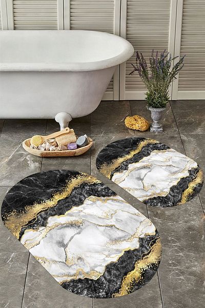 YTR HOME Αντιολισθητική βάση, πλενόμενη σκόνη, ανθεκτική σε λεκέδες, σετ 2 τεμαχίων, οβάλ χαλάκι μπάνιου