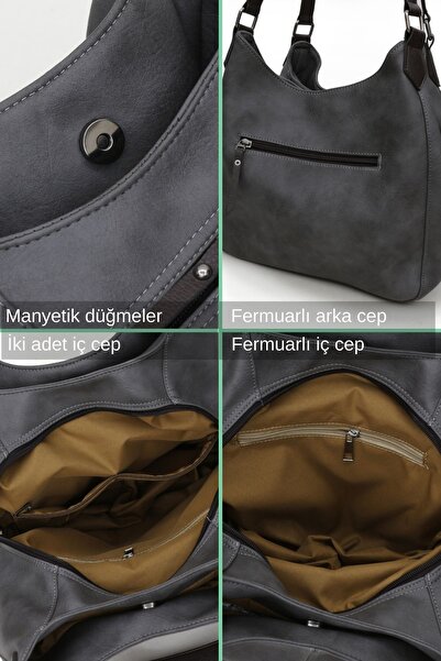 Cappadocia Vintage Geantă de umăr casual din piele PU gri antracit fumurie pentru femei Myra Geantă de mână moale