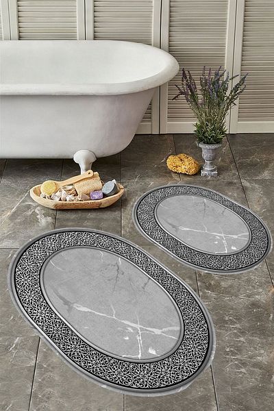 YTR HOME Αντιολισθητική βάση, πλενόμενη σκόνη, ανθεκτική σε λεκέδες, σετ 2 τεμαχίων, οβάλ χαλάκι μπάνιου