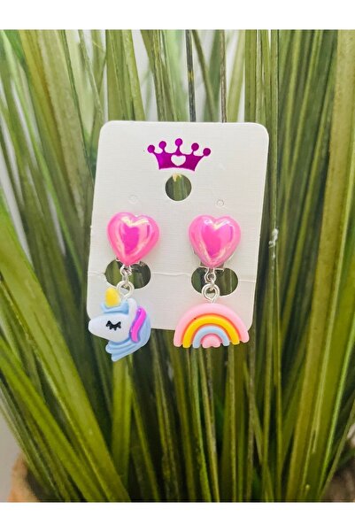 1PARÇAMAVİ Unicorn Gökkuşağı Sihirli Klips Çocuk Küpesi -deliksiz Küpe