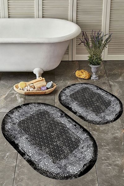 YTR HOME Αντιολισθητική βάση, πλενόμενη σκόνη, ανθεκτική σε λεκέδες, σετ 2 τεμαχίων, οβάλ χαλάκι μπάνιου