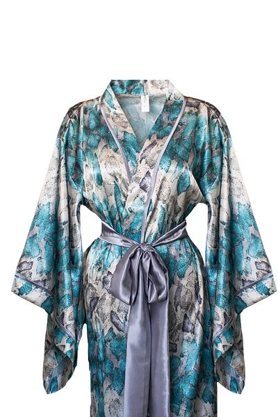 Mita Concept Blue Crocodile Patterned Satin Bat Sleeve Kimono