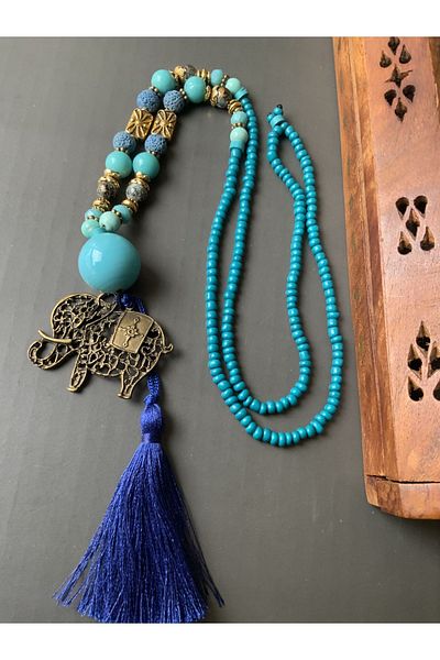 azra takı tasarım Handmade Authentic, Ethnic, Bohemian, Blue, Elephant Figured, Natural Stone, Brass, Lava Stone Long Women's Necklace