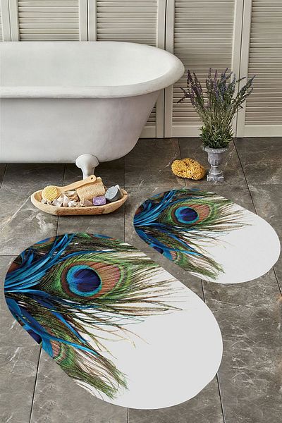 YTR HOME Αντιολισθητική βάση, πλενόμενη σκόνη, ανθεκτική σε λεκέδες, σετ 2 τεμαχίων, οβάλ χαλάκι μπάνιου