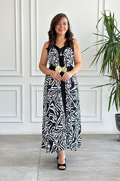 Yağmur Butik Zebra Desenli Önü Şerit Detaylı İp Askılı Elbise