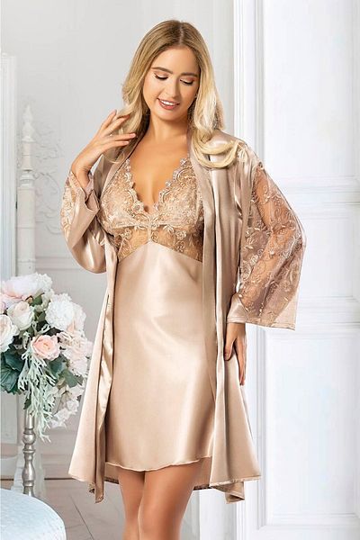 FAAL Cămașă de noapte Cămașă De Noapte Detaliată Dantela Satin Set Dublu 2038 Mink