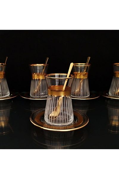 Paşabahçe Tea Cup 6 Pieces, Gold Gilded Gold Embroidered Gift Dowry