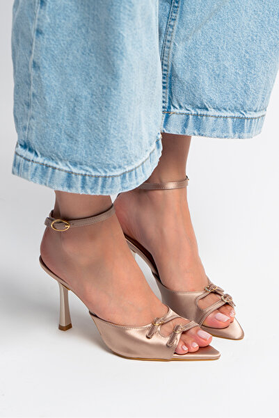 NİŞANTAŞI SHOES Dark Beige Satin - Women's Heeled Sandals with Ankle Laces