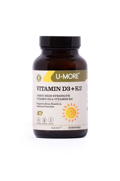 UMore Vitamin D3 (1000IU) Vitamin K2 - Şeker, Glüten, Gdo Içermez - 60 Yumuşak Kapsül