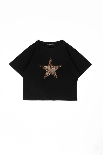 Sokak Butik Leopar Star Baskılı Siyah Crop Top