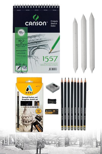 ÜSKÜDAR SANAT Sketch Set Pencil Drawing Set Canson A5 Drawing Pad Adel Graduated Pencil Set Pastel Dispenser