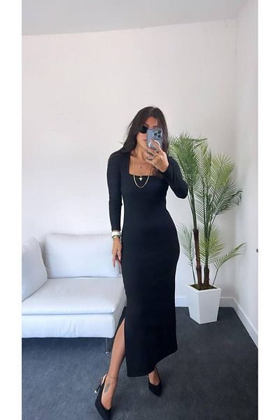 Fiori Μαύρο μακρυμάνικο φόρεμα από οθωμανικό ύφασμα τετράγωνο γιακά