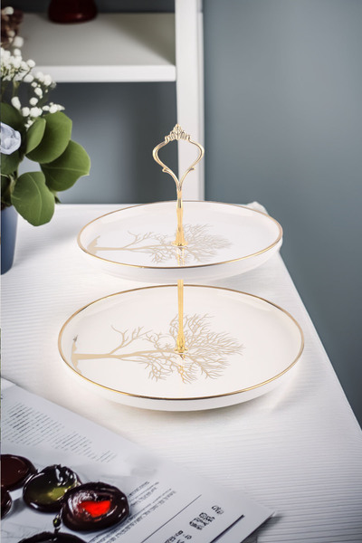 Vadi Tree of Life Patterned - Gold Coated Porcelain 2 Layer Cookie Holder