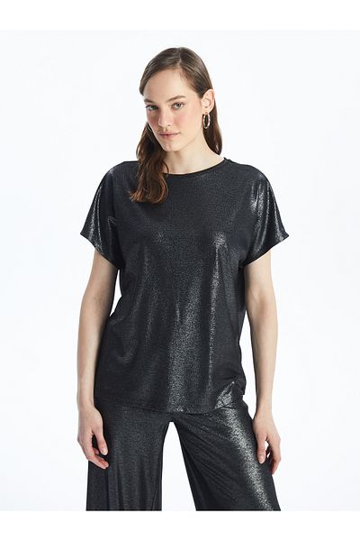 LC Waikiki Women's Metallic T-Shirt - Crew Neck, Straight Cut