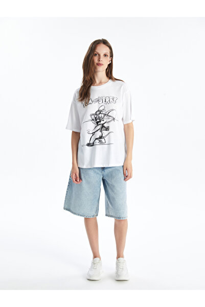 LC Waikiki Tom&Jerry bedrucktes, kurzärmliges, übergroßes Damen-T-Shirt mit Rundhalsausschnitt