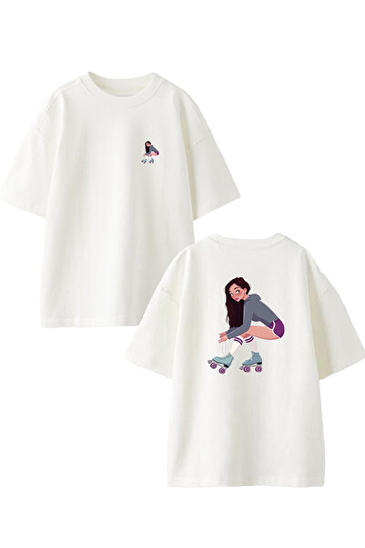 NMG TEKSTİL Λευκό Oversize Βαμβακερό Skate Unisex T-shirt - Κορίτσι με στάμπα...