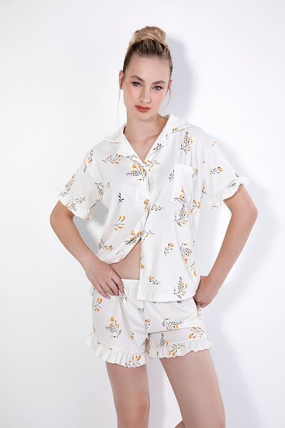IŞILAY PİJAMA marine Sand - Yellow Floral Patterned Pajama Set with Shirt Collar Shorts