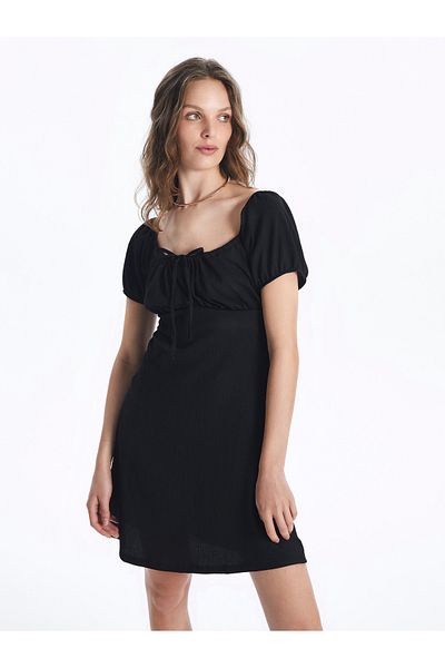 LC Waikiki Women's Dress - U Collar, Straight Cut, Short Sleeve