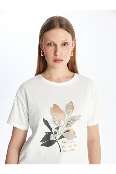 LC Waikiki Dámské tričko s krátkým rukávem s potištěným výstřihem