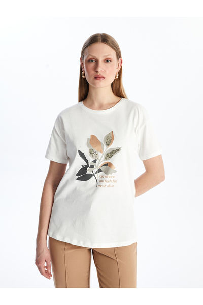 LC Waikiki Dámské tričko s krátkým rukávem s potištěným výstřihem