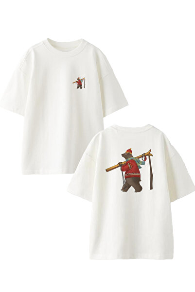 NMG TEKSTİL Λευκό Oversize Βαμβακερό T-shirt - Mountaineer Bear Printed, Unisex