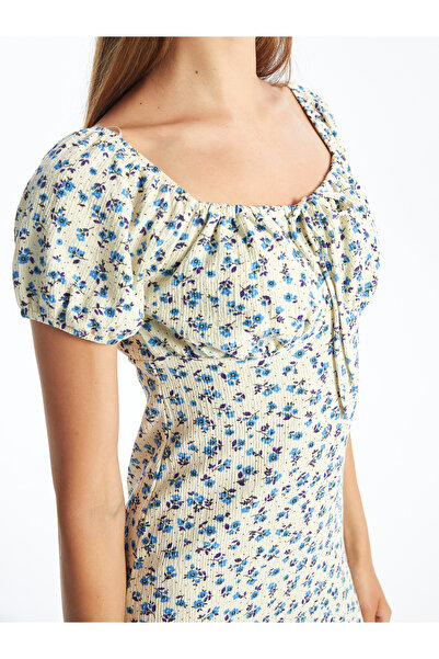 LC Waikiki Floral Print Γυναικείο Φόρεμα με τετράγωνο λαιμό - κοντομάνικο