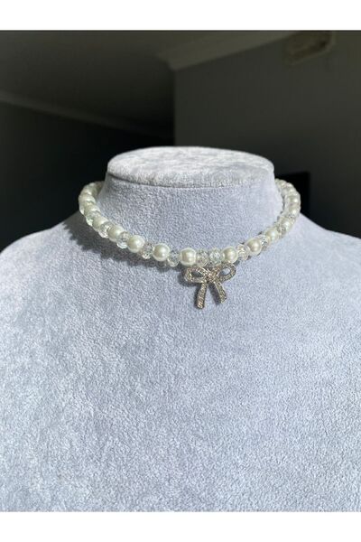 Pinky Lady İncili parlak taşlı coquette fiyonk kolye