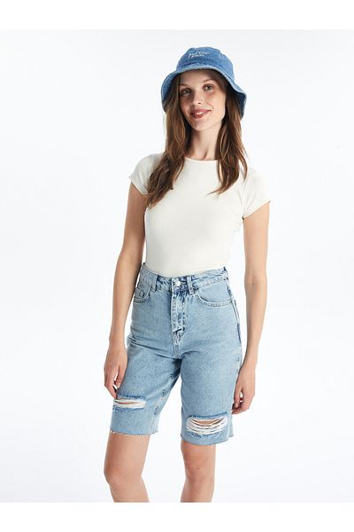 LC Waikiki Zerrissene, detaillierte Bermuda-Fit-Jeansshorts für Damen