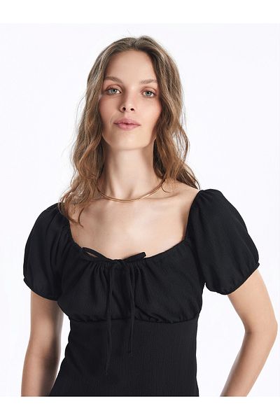 LC Waikiki Women's Dress - U Collar, Straight Cut, Short Sleeve
