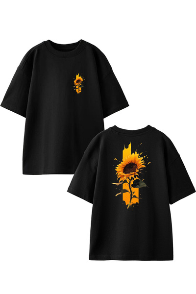 NMG TEKSTİL Μπλουζάκι Unisex Μαύρο Oversize Βαμβακερό με σχέδιο ηλίανθου