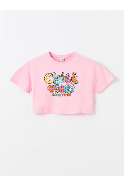 LC Waikiki Crew Neck Crop T-Shirt για κορίτσια - εμπριμέ, κοντομάνικο