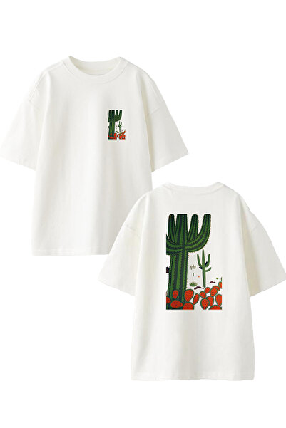 NMG TEKSTİL Λευκό Oversize Βαμβακερό T-shirt - Strawberry Cactus Printed, Unisex