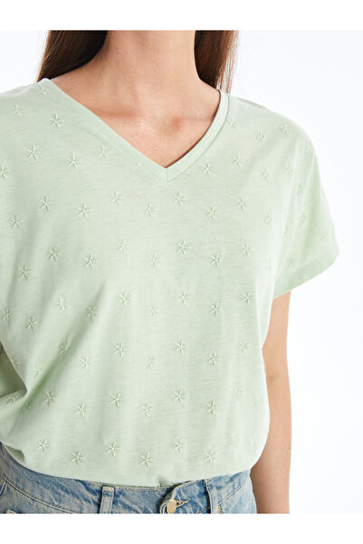 LC Waikiki Damska koszulka z haftem i dekoltem w kształcie litery V – z krótkim rękawem