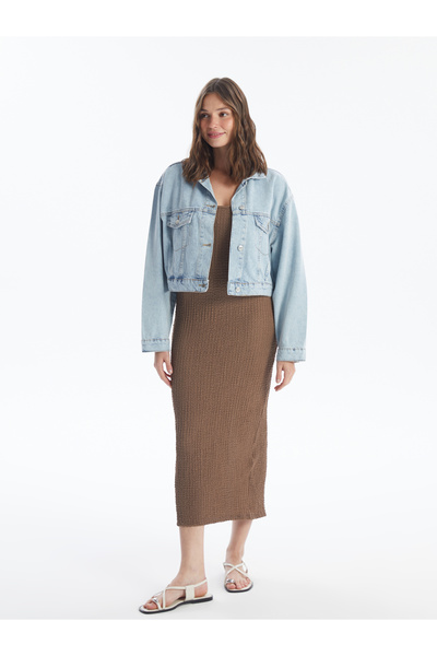 LC Waikiki Női farmer dzseki - inggallér, egyenes, hosszú ujjú, vágás