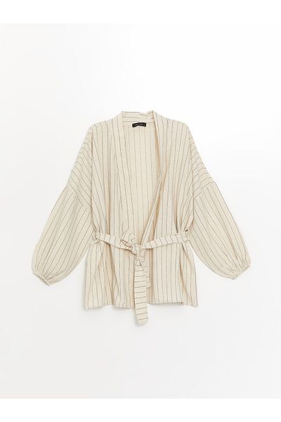 LC Waikiki Langärmliger, gestreifter Oversize-Leinenkimono für Damen mit Schalkragen