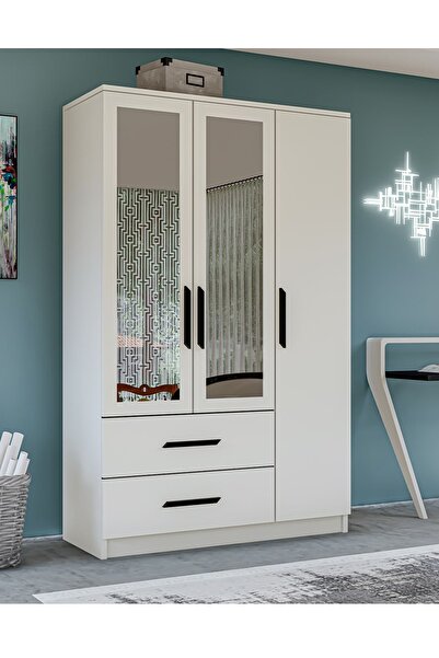 Metalia Gm 177 Modena 3 Kapı 2 Çekmeceli Aynalı Siyah Kulplu Beyaz Gardırop