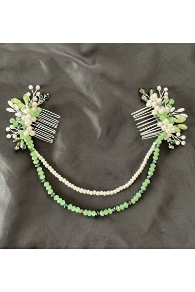 DesaAccessories Yeşil Kristal Taş Ve Inci Detay Taraklı Sallantılı Saç Aksesuarı