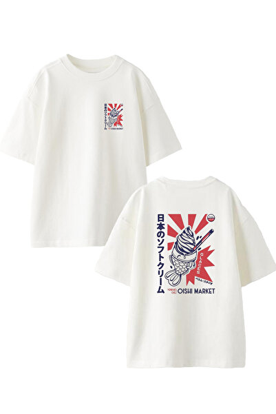 NMG TEKSTİL قطن أبيض كبير الحجم - تي شيرت مطبوع عليه آيس كريم ياباني للجنسين