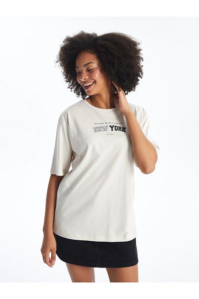 LC Waikiki Übergroßes Damen-T-Shirt – Rundhalsausschnitt, bedruckt, kurze Ärmel