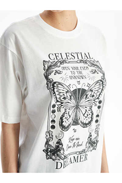 LC Waikiki T-shirt damski oversize – okrągły dekolt, z nadrukiem, z krótkim rękawem