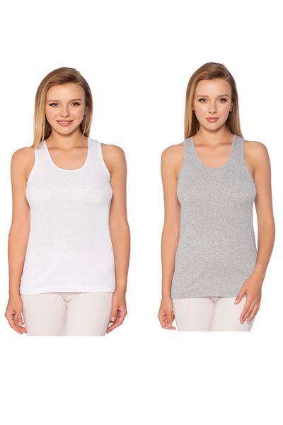 Pi Giyim Women's Rib Wide Strap Flat Piping Tank Top 6 Pack White-Grey