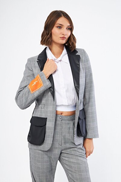 LAMANTE DERİ DETAYLI EKOSE BLAZER CEKET