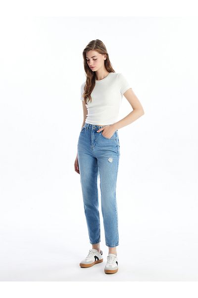LC Waikiki Zerrissene, detaillierte Mom-Fit-Jeanshose für Damen